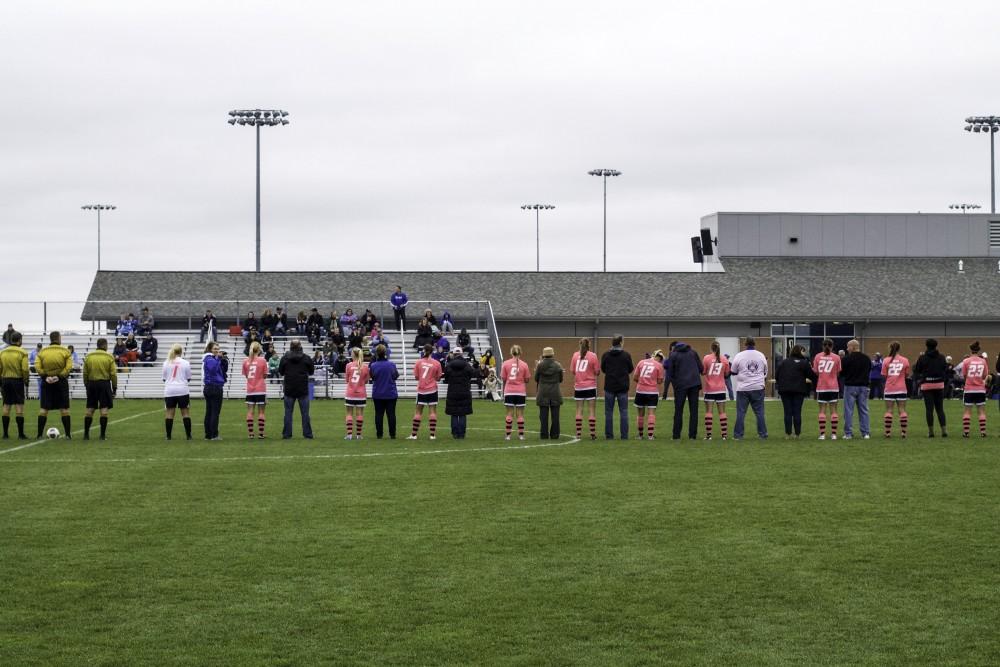 GVL / Sara Carte
The Grand Valley Women’s Soccer team walk out with their parents for pregame against Northwood on Oct. 4.