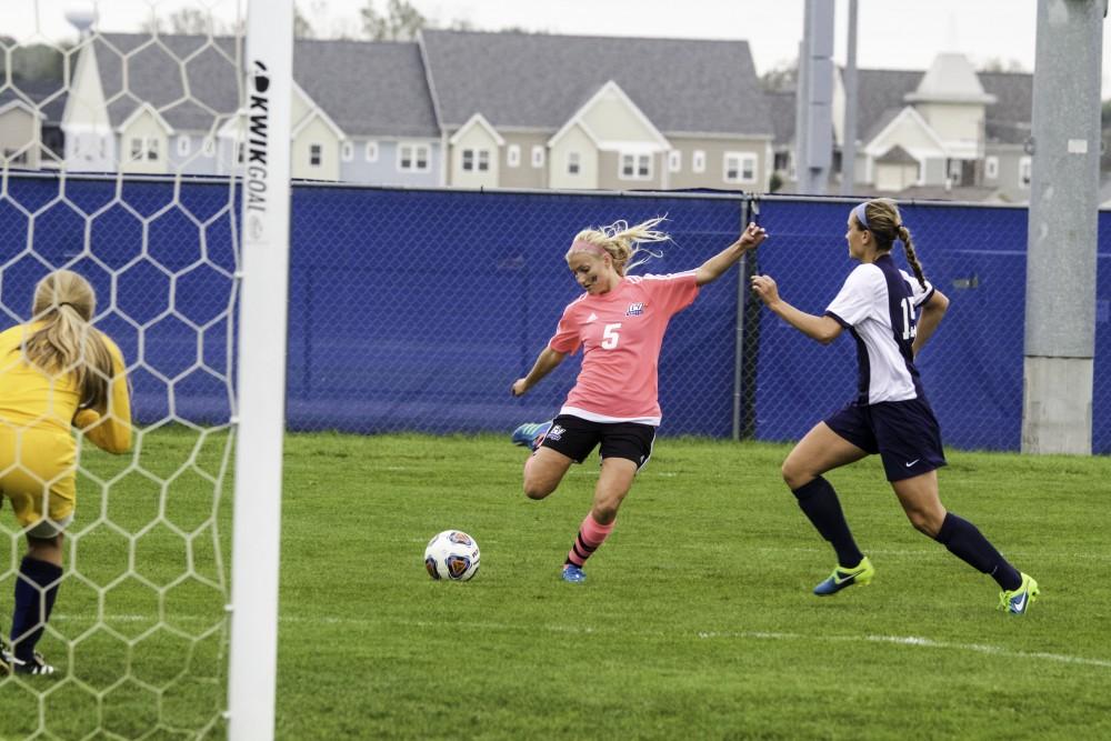 GVL / Sara Carte
Grand Valley’s Women’s Soccer player, Kendra Stauffer, kicks to score against Northwood on Oct. 4.