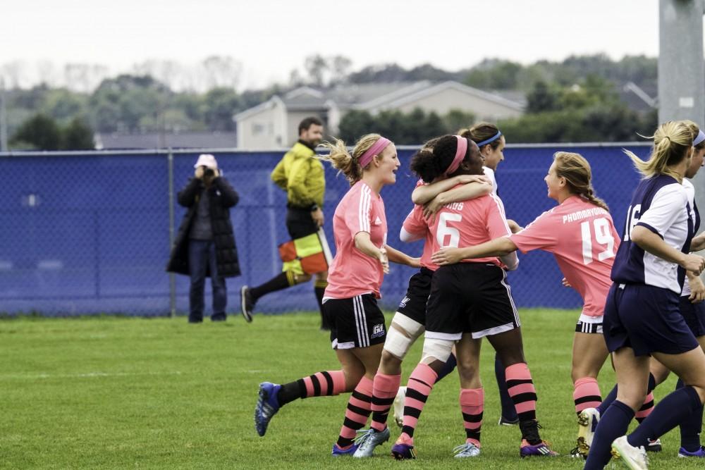 GVL / Sara Carte
Grand Valley’s Women’s Soccer team celebrates after a score against Northwood on Oct. 4.