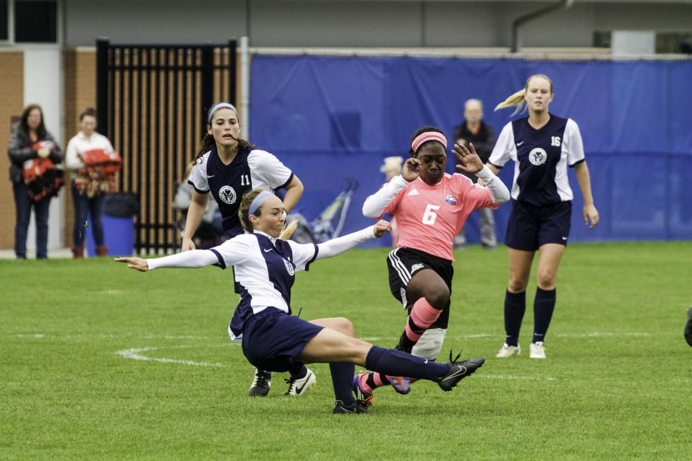 GVL / Sara Carte
Grand Valley’s Women’s Soccer player, Katie Bounds, fights for the ball against Northwood on Oct. 4. 