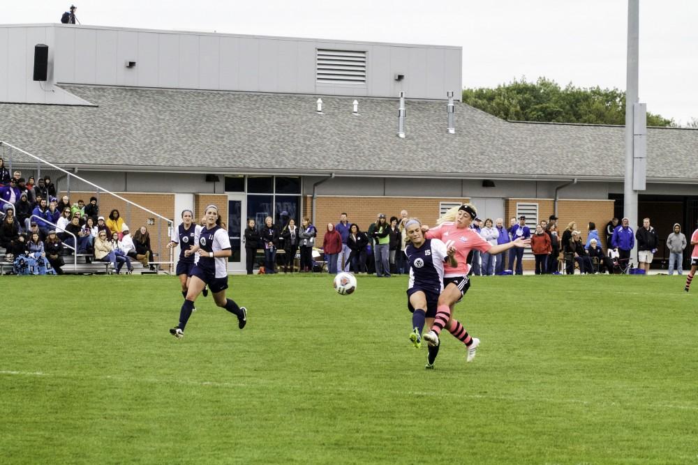 GVL / Sara Carte
Grand Valley’s Women’s Soccer player, Sara Stevens, fights for the ball against Northwood on Oct. 4.