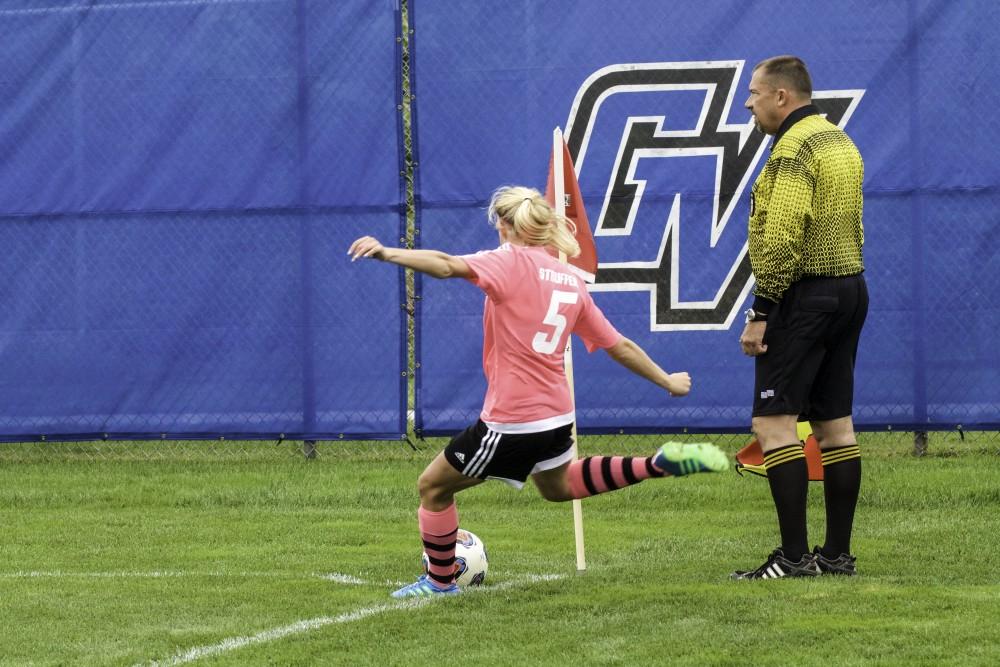 GVL / Sara Carte
Grand Valley’s Women’s Soccer player, Kendra Stauffer, kicks the ball in against Northwood on Oct. 4.