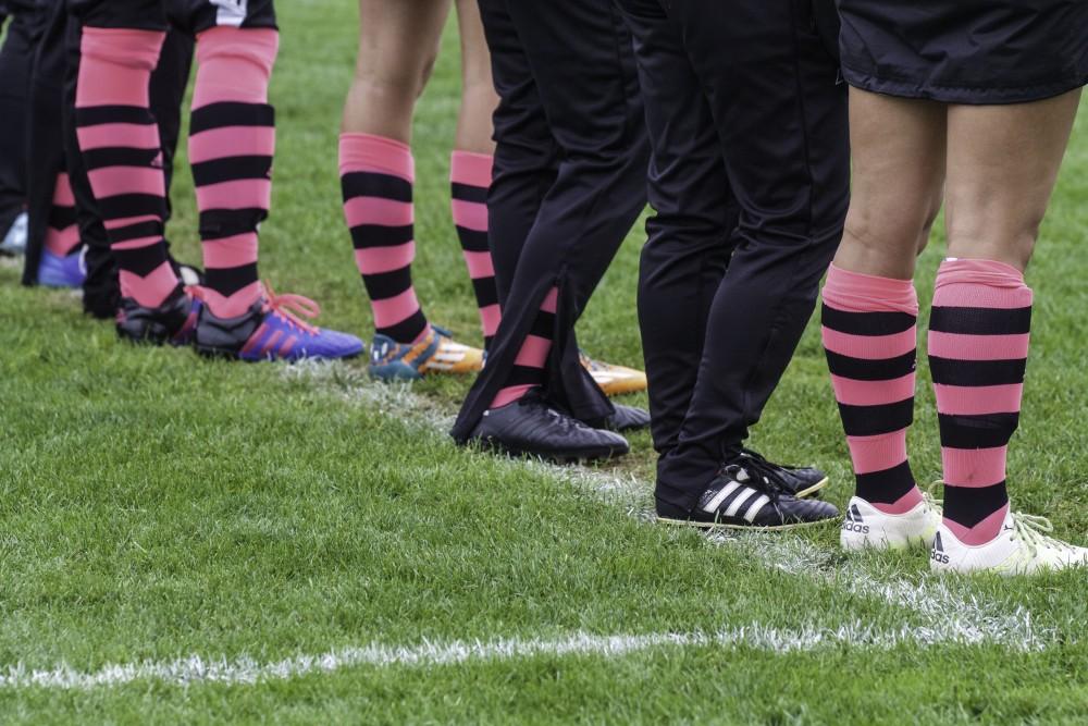 GVL / Sara Carte
Grand Valley’s Women’s Soccer team wear pink striped socks to support breast cancer awareness during their game against Northwood on Oct. 4.