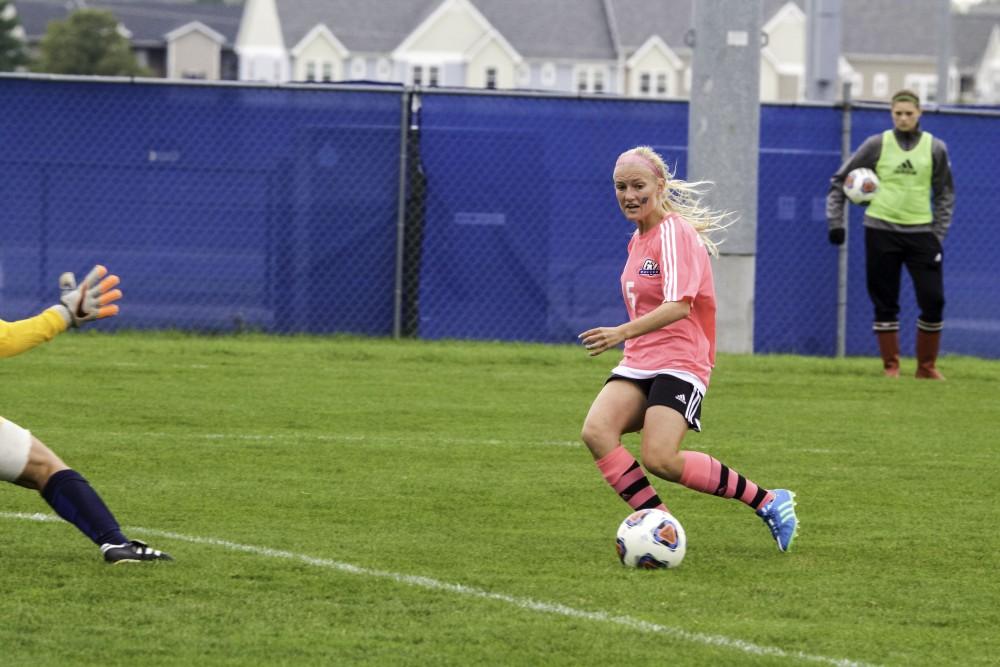 GVL / Sara Carte
Grand Valley’s Women’s Soccer player, Kendra Stauffer, kicks to score against Northwood on Oct. 4.