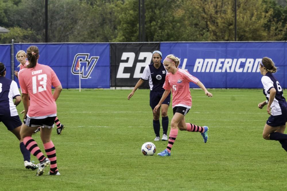 GVL / Sara Carte
Grand Valley’s Women’s Soccer player. Kendra Stauffer, takes the ball down the field against Northwood on Oct. 4.