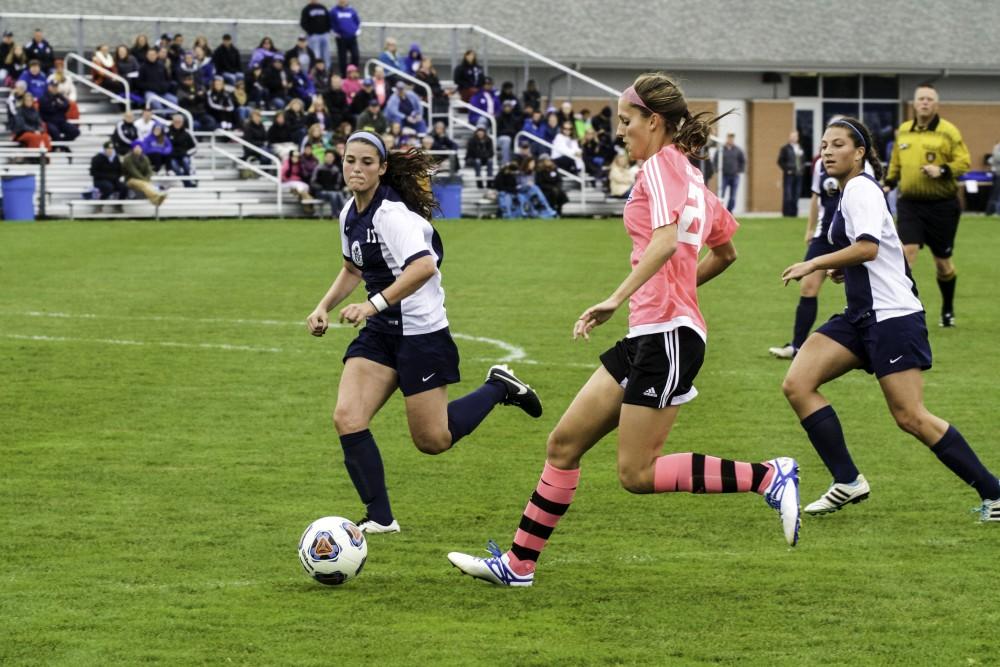 GVL / Sara Carte
Grand Valley’s Women’s Soccer player, Gabriella Mencotti, fights for the ball against Northwood on Oct. 4.