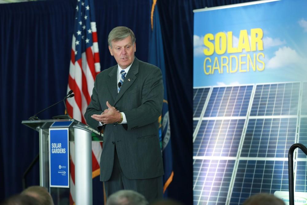 GVL / Kevin Sielaff - President Haas comments on the potential of the solar energy project. Officials break ground on Grand Valley's solar garden Oct. 2 in Allendale. By next spring, 17 acres of land near 48th avenue will be generating 3 megawatts of electricity for the community.