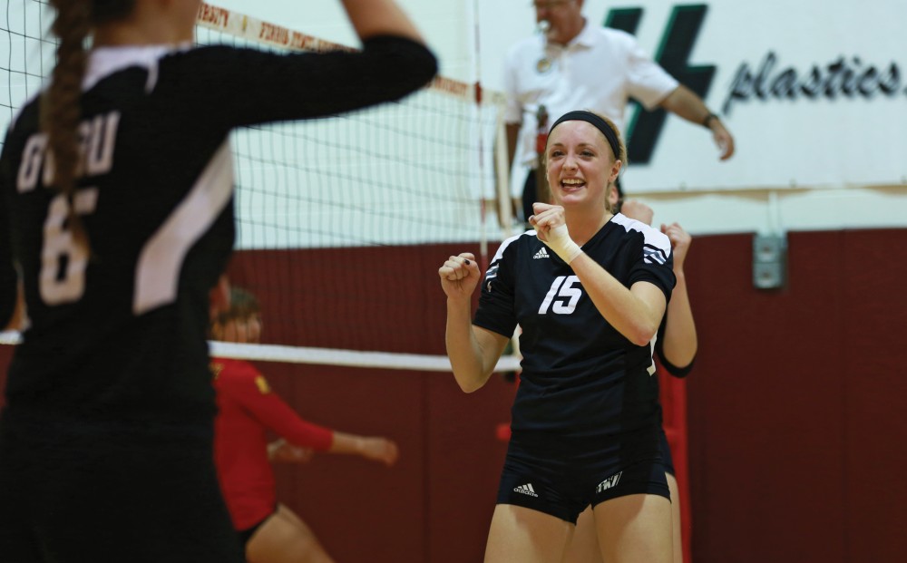 GVL / Kevin Sielaff
Kaleigh Lound (15) celebrates after a point is awarded to Grand Valley. The Lakers fall to the Bulldogs at Ferris State University Sept. 29 by a margin of 3-1. 