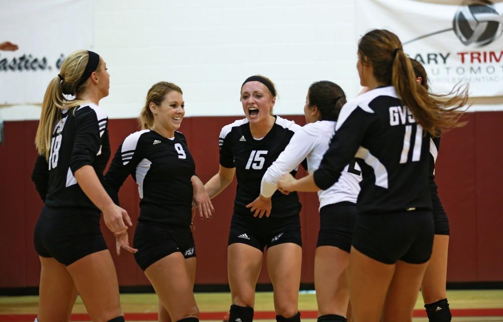 GVL / Kevin Sielaff
Kaleigh Lound (15) celebrates after a point is awarded to Grand Valley. The Lakers fall to the Bulldogs at Ferris State University Sept. 29 by a margin of 3-1.