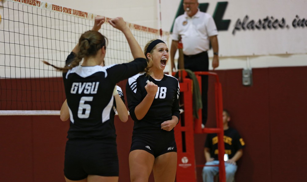 GVL / Kevin Sielaff
Shannon Winicki (18) celebrates after a point scored. The Lakers fall to the Bulldogs at Ferris State University Sept. 29 by a margin of 3-1. 