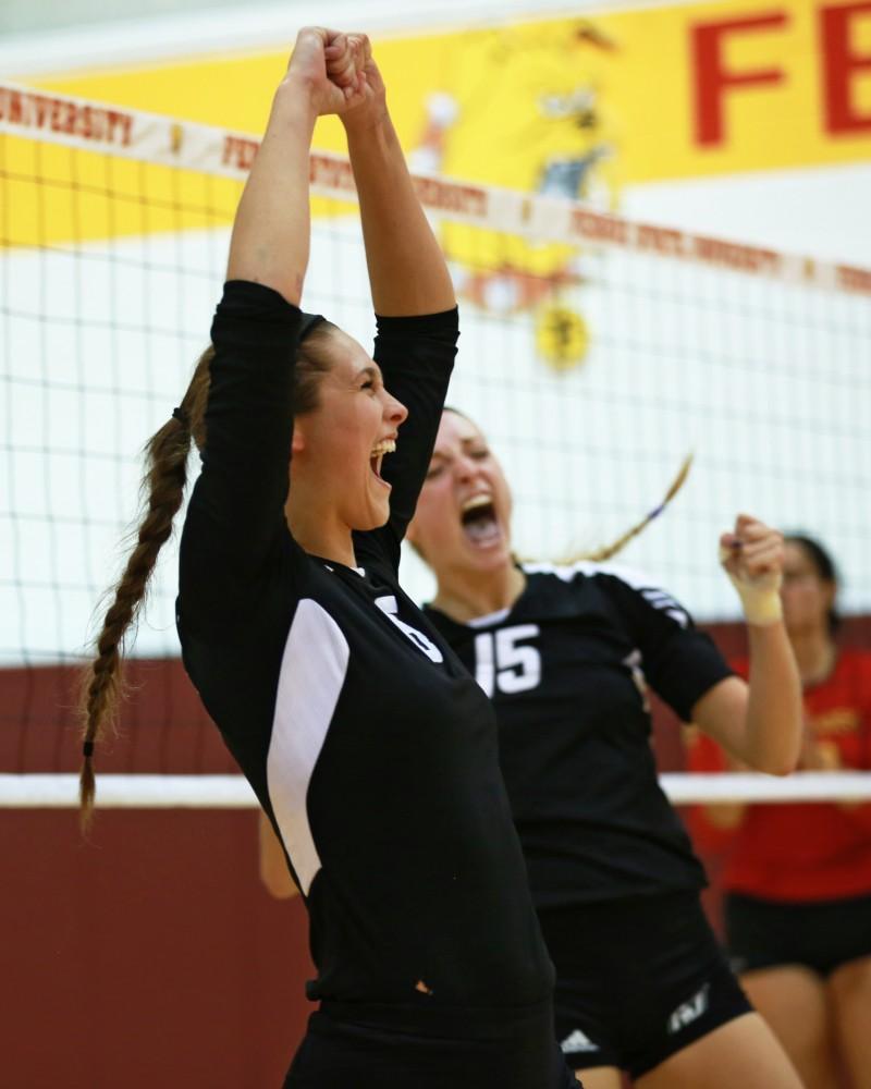 GVL / Kevin Sielaff
Betsy Rhonda (6) celebrates after a point scored. The Lakers fall to the Bulldogs at Ferris State University Sept. 29 by a margin of 3-1. 