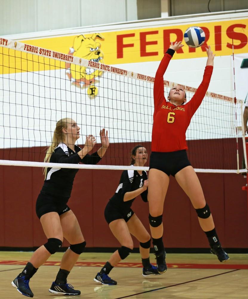 GVL / Kevin Sielaff
Stephanie Sikorski (6) or Ferris State sets the ball. The Lakers fall to the Bulldogs at Ferris State University Sept. 29 by a margin of 3-1. 