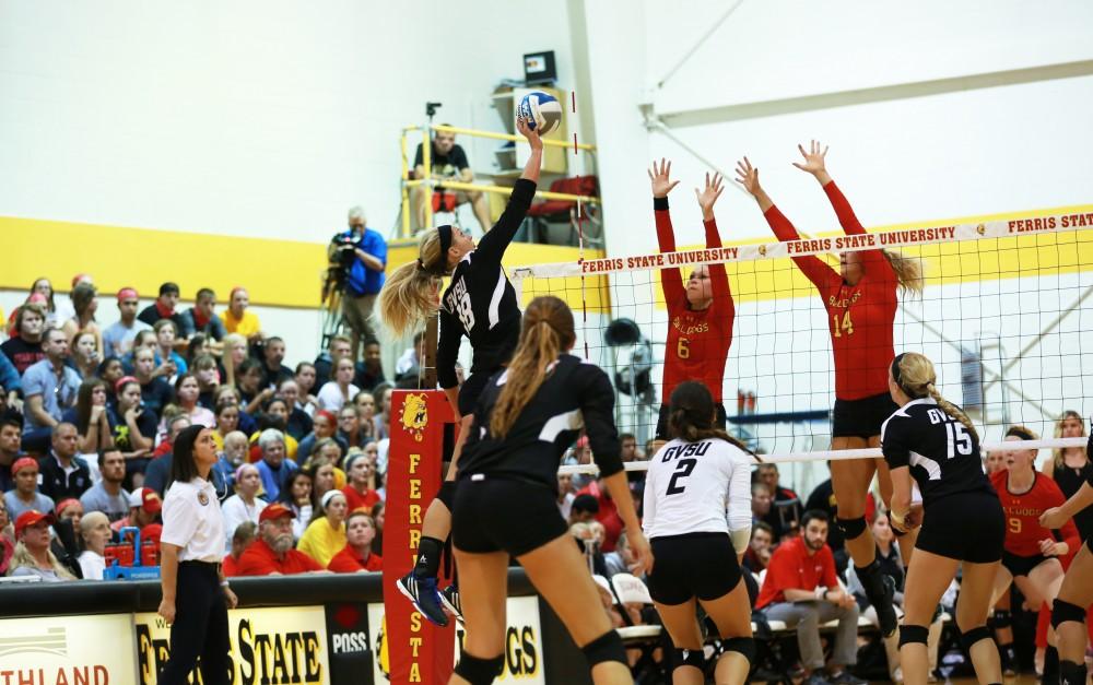 GVL / Kevin Sielaff
Shannon Winicki (18) elevates over the net. The Lakers fall to the Bulldogs at Ferris State University Sept. 29 by a margin of 3-1. 