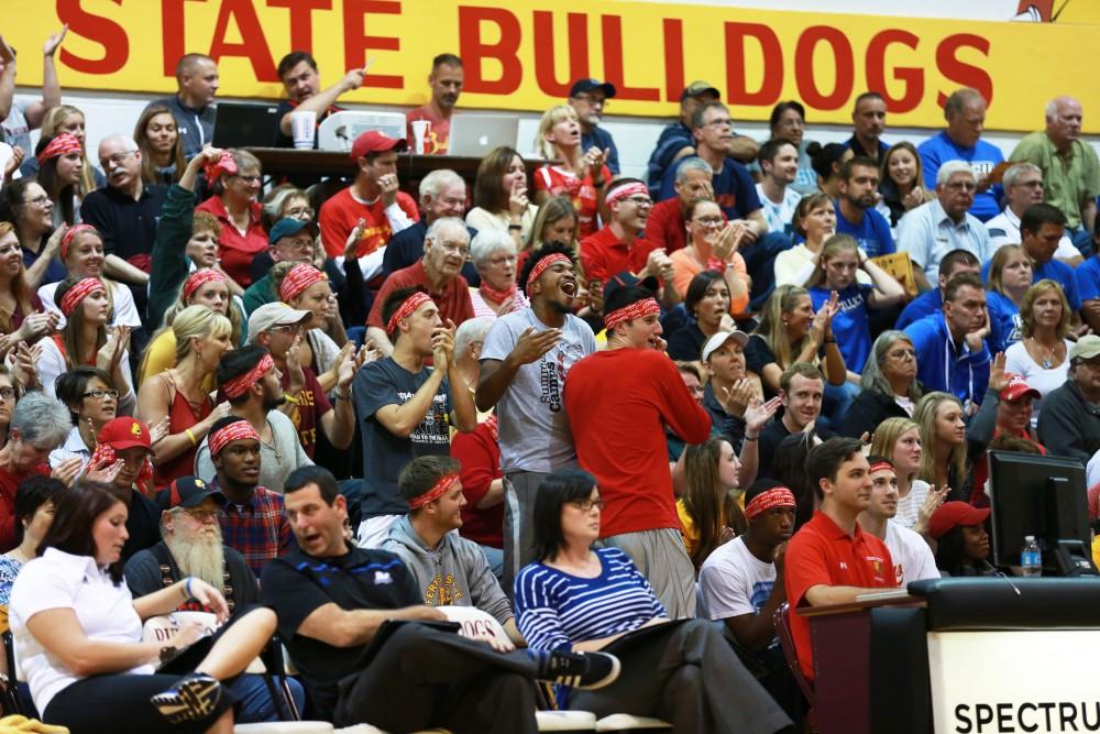 GVL / Kevin Sielaff
The Ferris homestand gets into the match by cheering on their team. The Lakers fall to the Bulldogs at Ferris State University Sept. 29 by a margin of 3-1. 