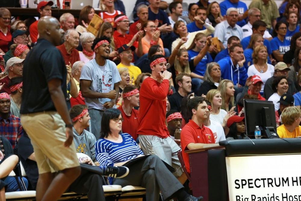 GVL / Kevin Sielaff
The Ferris homestand gets into the match by cheering on their team. The Lakers fall to the Bulldogs at Ferris State University Sept. 29 by a margin of 3-1.