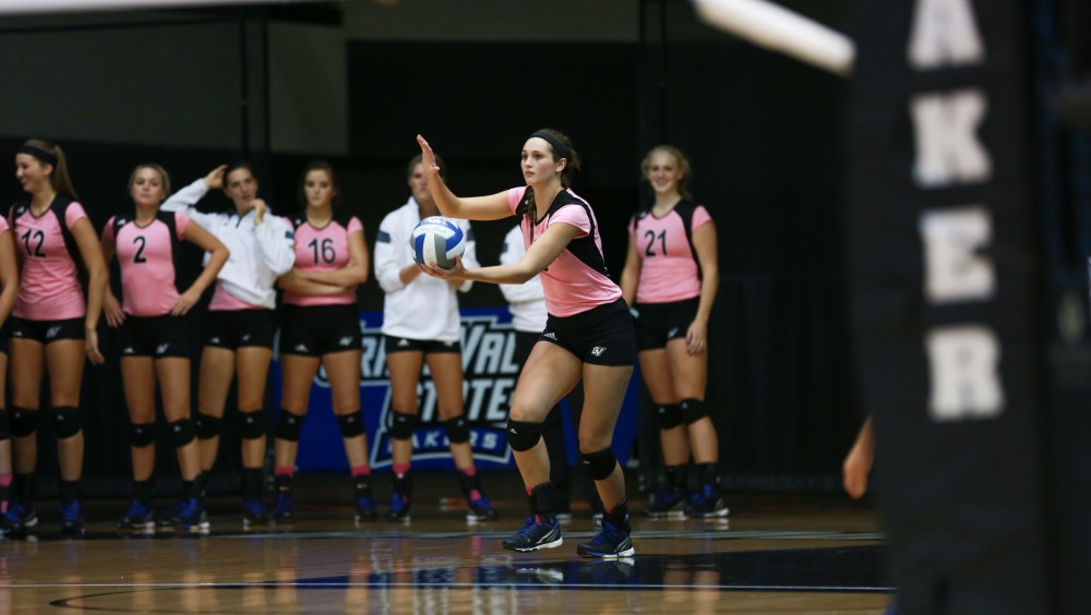 GVL / Kevin Sielaff -  Betsy Rhonda (6) prepares to serve the ball. Grand Valley squares off against Ohio Dominican and claims the victory with a final score of 3-1.