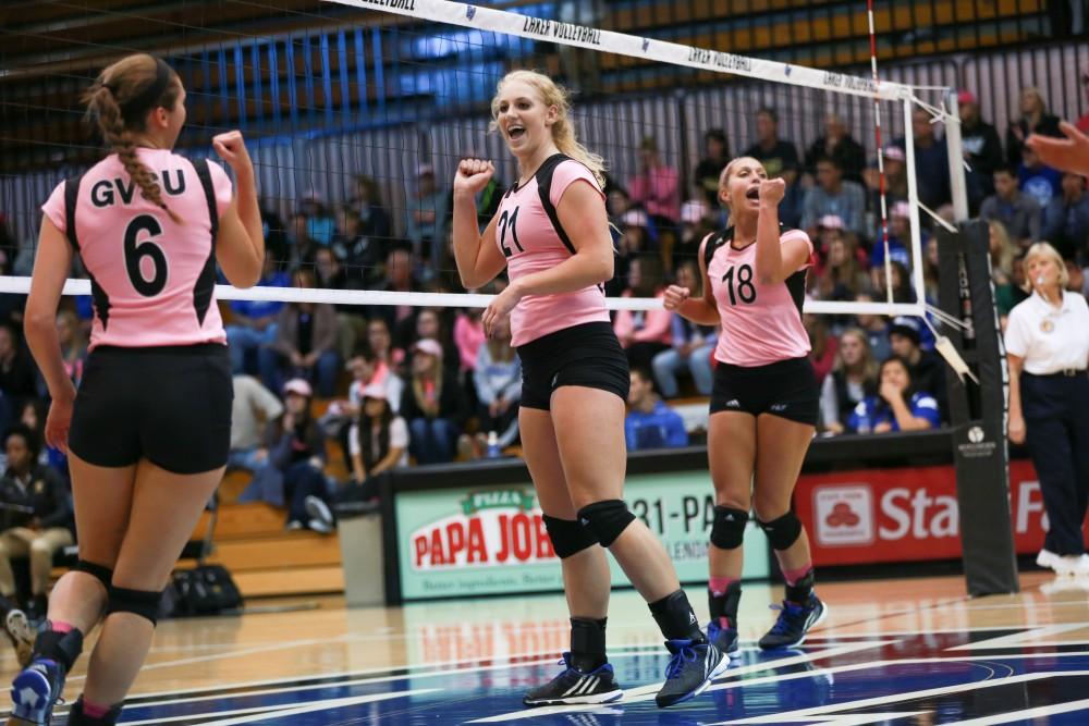 GVL / Kevin Sielaff - Staci Brower (21) celebrates after a point scored. Grand Valley squares off against Ohio Dominican and claims the victory with a final score of 3-1.