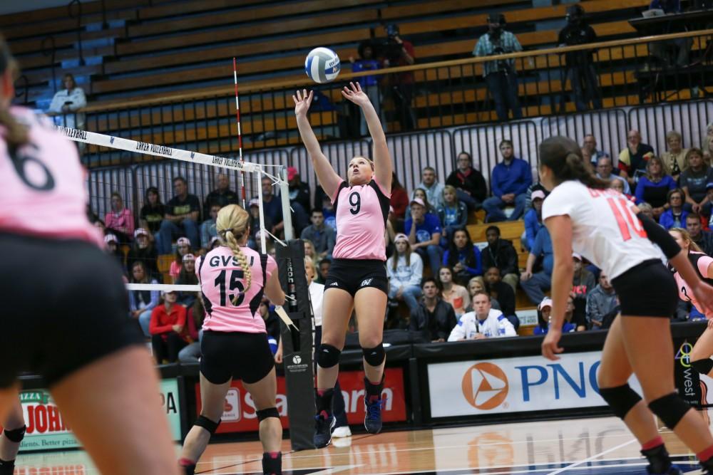 GVL / Kevin Sielaff - Katie Olson (9) sets the ball. Grand Valley squares off against Ohio Dominican and claims the victory with a final score of 3-1.