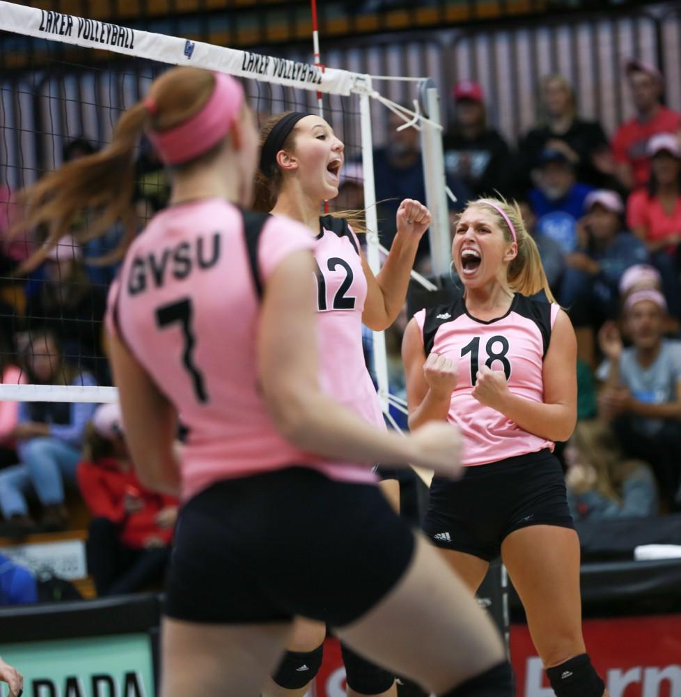 GVL / Kevin Sielaff - Shannon Winicki (18) celebrates after a point scored. Grand Valley squares off against Ohio Dominican and claims the victory with a final score of 3-1.