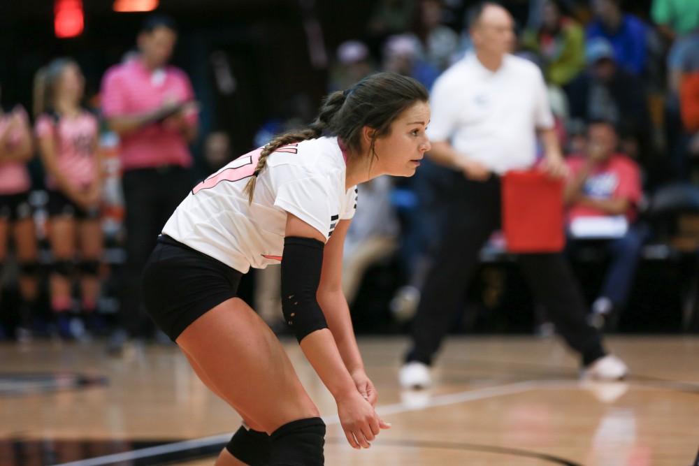 GVL / Kevin Sielaff - Taylor Shomin (2) awaits the start of play. Grand Valley squares off against Ohio Dominican and claims the victory with a final score of 3-1.