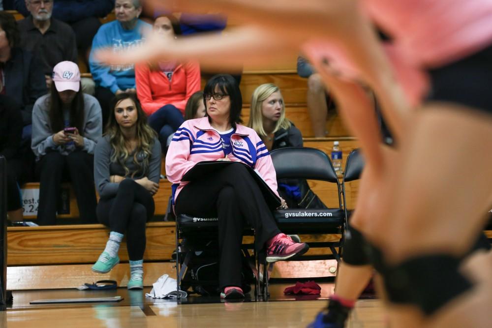 GVL / Kevin Sielaff - As ODU approaches their first win against Grand Valley, head coach Deanne Scanlon looks on toward the play. Grand Valley squares off against Ohio Dominican and claims the victory with a final score of 3-1.