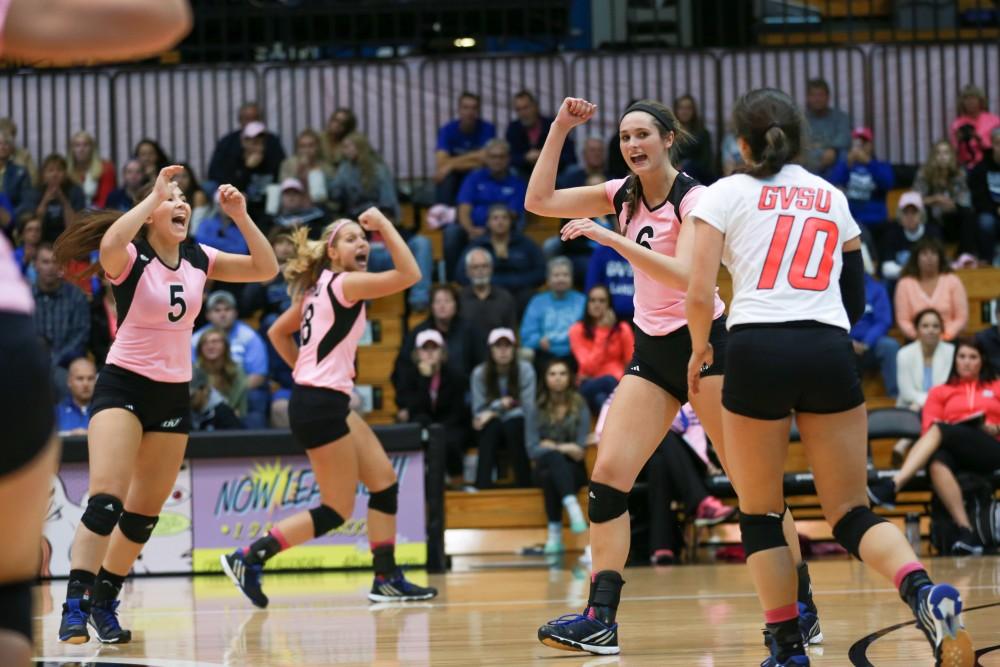 GVL / Kevin Sielaff - Betsy Rhonda (6) celebrates with her teammates. Grand Valley squares off against Ohio Dominican and claims the victory with a final score of 3-1.