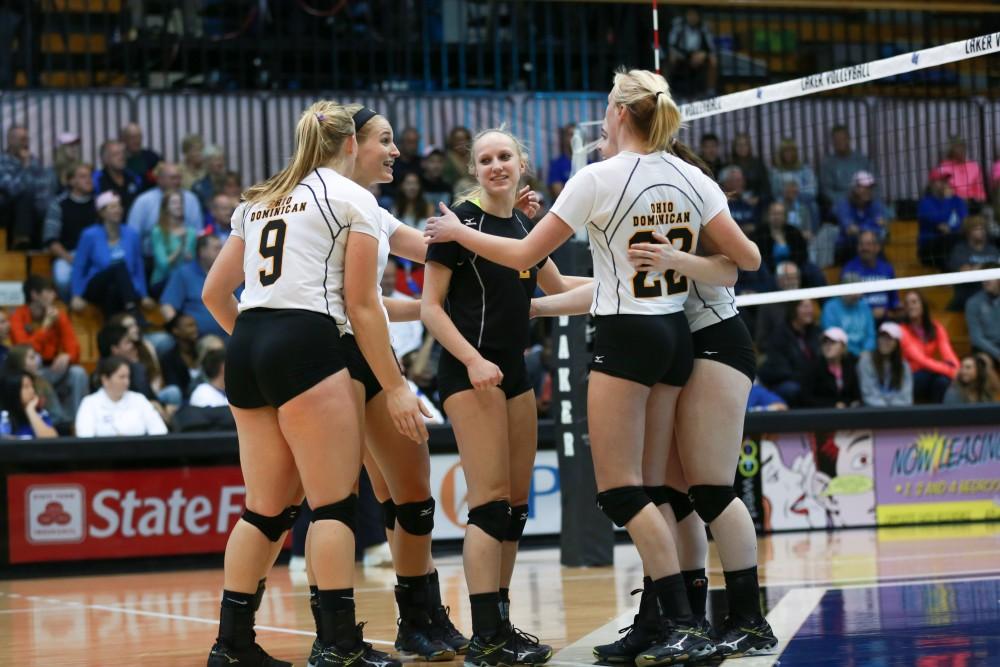 GVL / Kevin Sielaff - ODU celebrates after winning their first set against Grand Valley. Grand Valley squares off against Ohio Dominican and claims the victory with a final score of 3-1.