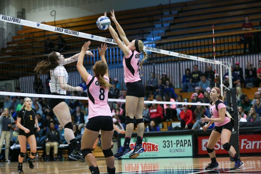 GVL / Kevin Sielaff - Kaleigh Lound (15) misses a block. Grand Valley squares off against Ohio Dominican and claims the victory with a final score of 3-1.