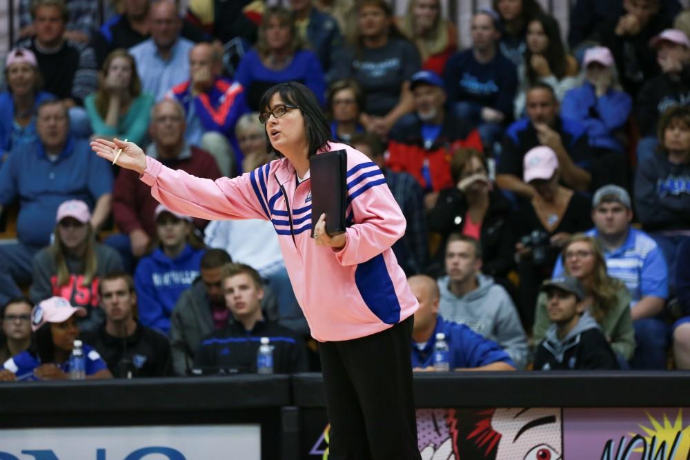 GVL / Kevin Sielaff - Head coach Deanne Scanlon debates a call with the referees. Grand Valley squares off against Ohio Dominican and claims the victory with a final score of 3-1.