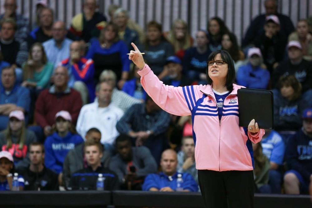 GVL / Kevin Sielaff - Head coach Deanne Scanlon debates a call with the referees. Grand Valley squares off against Ohio Dominican and claims the victory with a final score of 3-1.