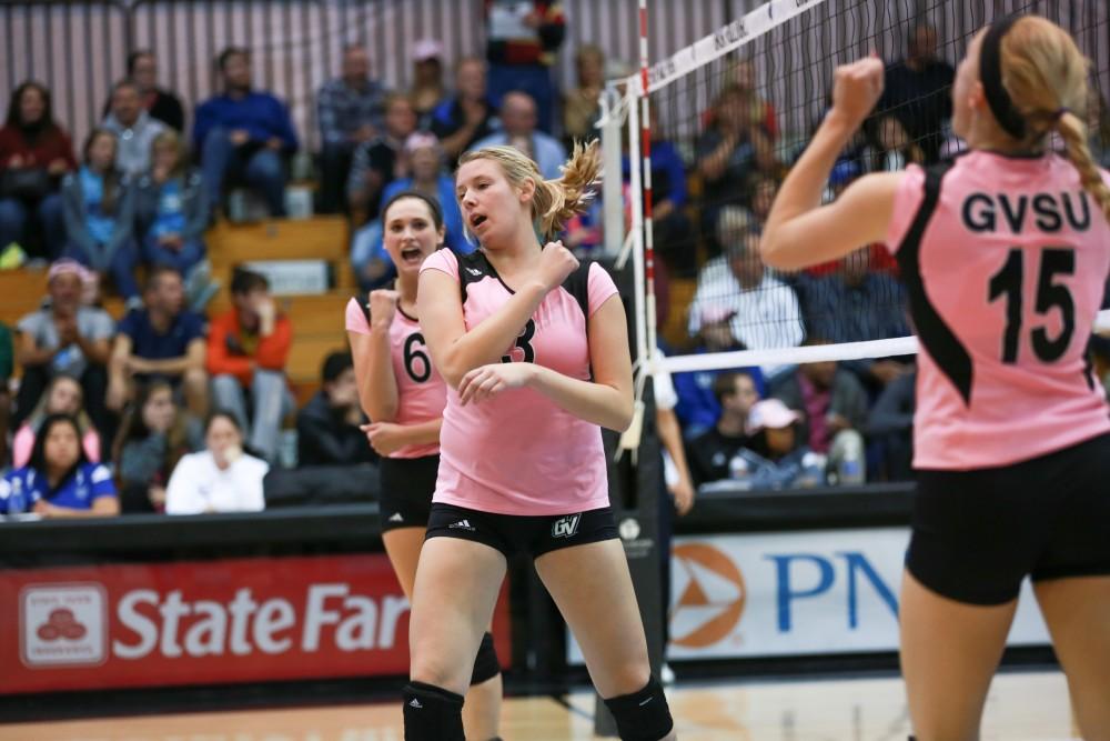 GVL / Kevin Sielaff - Jessica Majerle celebrates after a successful kill. Grand Valley squares off against Ohio Dominican and claims the victory with a final score of 3-1.