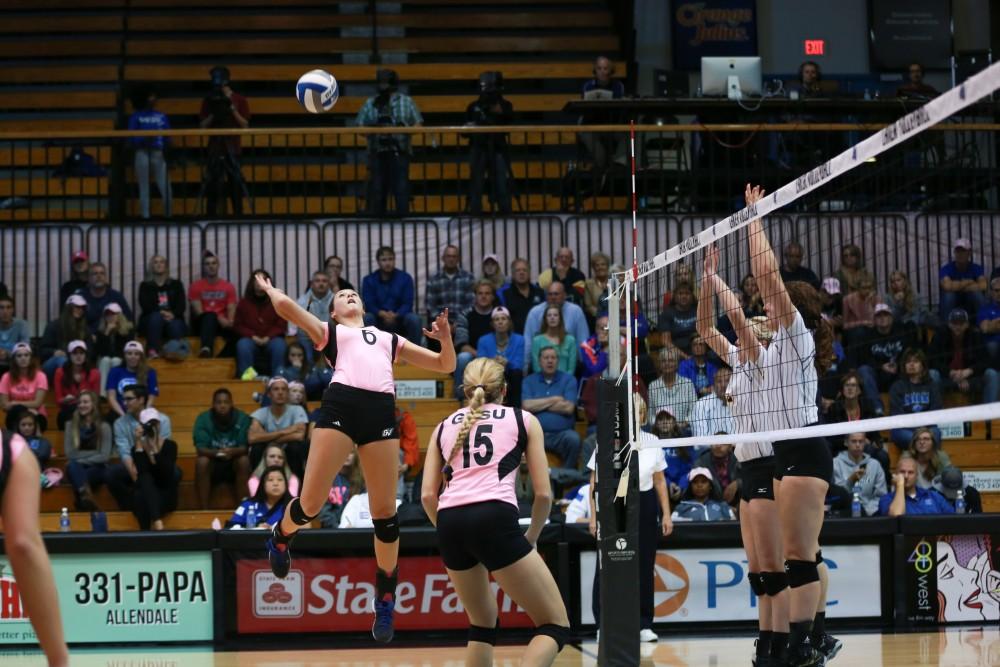 GVL / Kevin Sielaff - Betsy Rhonda (6) looks to spike the ball. Grand Valley squares off against Ohio Dominican and claims the victory with a final score of 3-1.