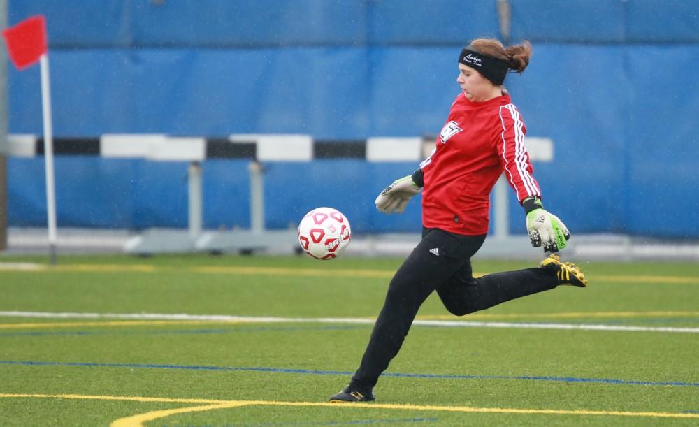 GVL / Kevin Sielaff - Grand Valley's women's club soccer team squares off against Michigan State on a rainy Oct. 31. The Lakers were defeated, with a final score of 2-0 in favor of Michigan State.