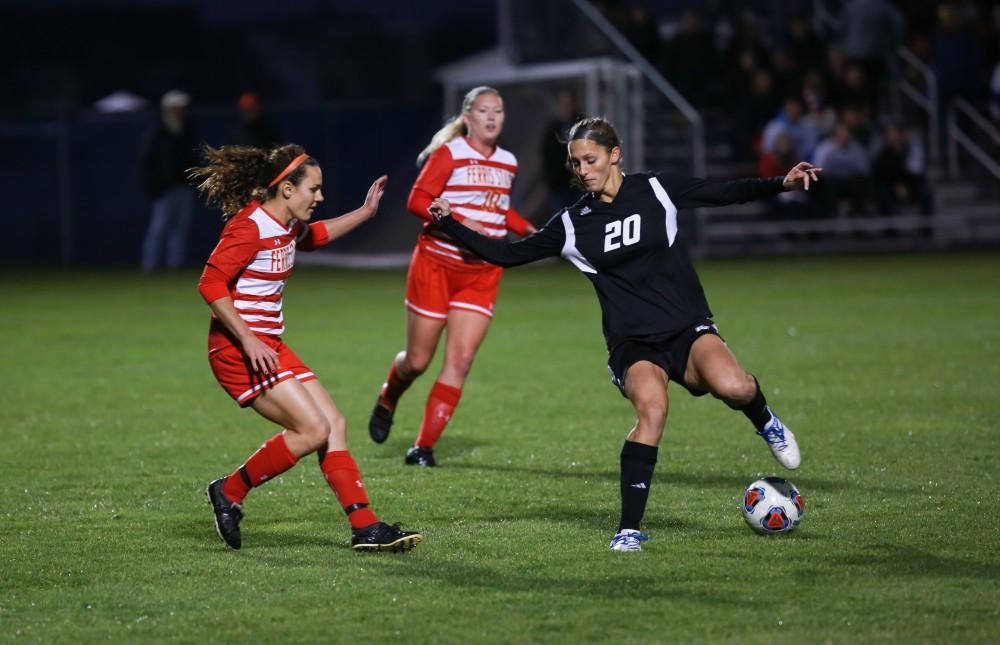 GVL / Kevin Sielaff - Gabriella Mencotti (20) pulls the ball back to set up a play.  The Lakers defeat the Bulldogs with a final score of 2-0 Oct. 30 in Allendale. Grand Valley will advance to the GLIAC tournament starting Nov. 3.