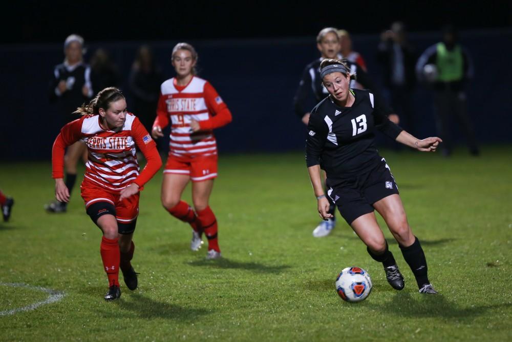 GVL / Kevin Sielaff - Marti Corby (13) moves toward Ferris' net.  The Lakers defeat the Bulldogs with a final score of 2-0 Oct. 30 in Allendale. Grand Valley will advance to the GLIAC tournament starting Nov. 3.