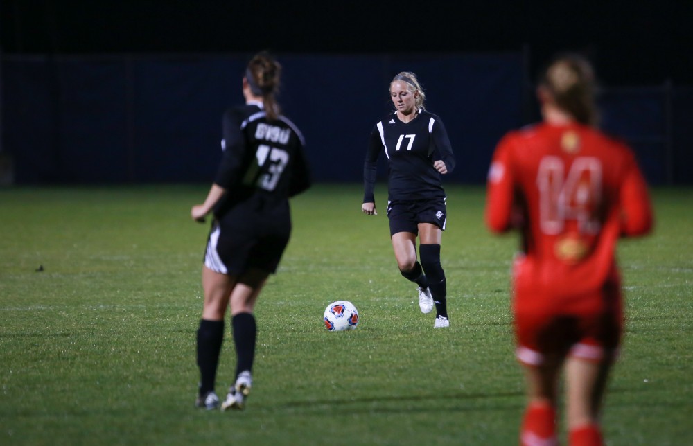 GVL / Kevin Sielaff - Erika Bradfield (17) sets up a play.  The Lakers defeat the Bulldogs with a final score of 2-0 Oct. 30 in Allendale. Grand Valley will advance to the GLIAC tournament starting Nov. 3.