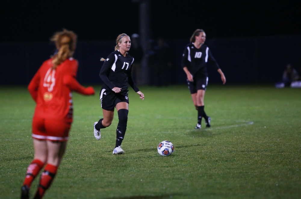 GVL / Kevin Sielaff - Erika Bradfield (17) sets up a play and moves the ball in toward Ferris' net.  The Lakers defeat the Bulldogs with a final score of 2-0 Oct. 30 in Allendale. Grand Valley will advance to the GLIAC tournament starting Nov. 3.