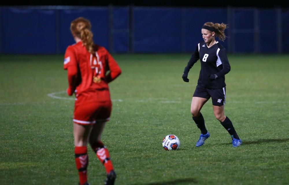 GVL / Kevin Sielaff - Tara Lierman (8) looks to pass the ball.  The Lakers defeat the Bulldogs with a final score of 2-0 Oct. 30 in Allendale. Grand Valley will advance to the GLIAC tournament starting Nov. 3.