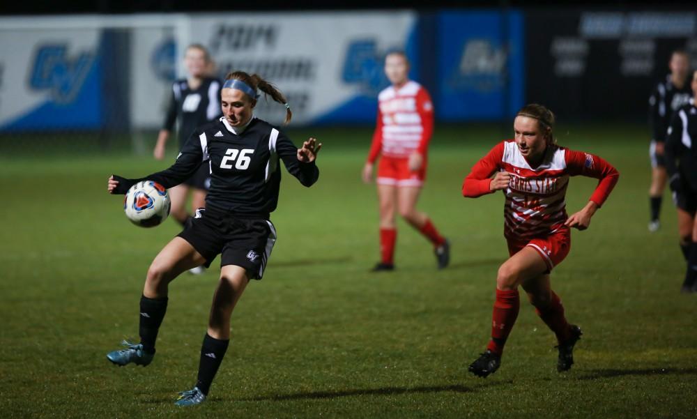 GVL / Kevin Sielaff - Lindsay Ebeling (26) juggles the ball before passing it away.  The Lakers defeat the Bulldogs with a final score of 2-0 Oct. 30 in Allendale. Grand Valley will advance to the GLIAC tournament starting Nov. 3.