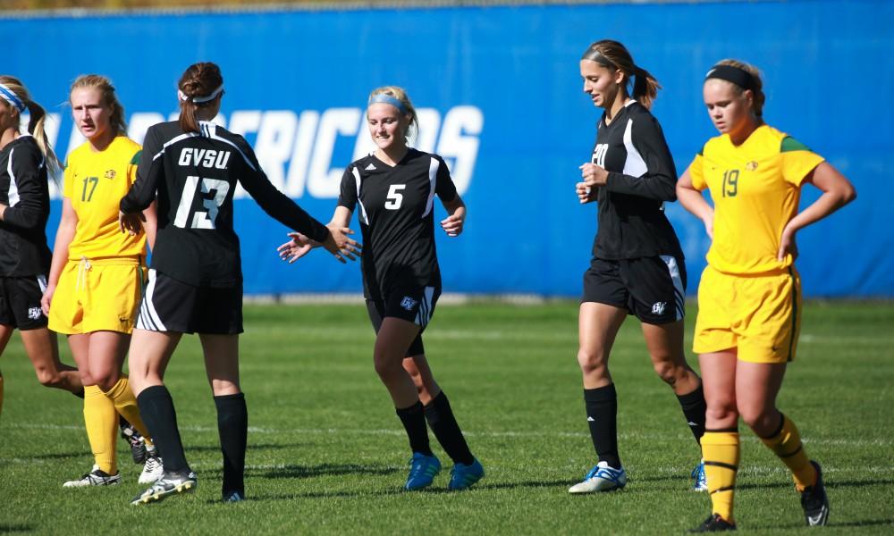 GVL / Kevin Sielaff - Kendra Stauffer (5) celebrates a four goal game.  Grand Valley's women's soccer team squares off against Northern Michigan Oct. 18 and wins with a final score of 7-0.