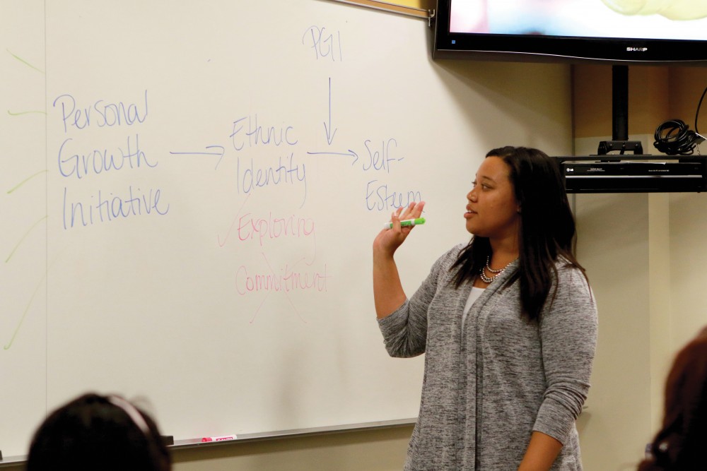 Danielle Sirles, doctoral intern at the counseling center, shares with students her Personal Growth Initiative on Oct. 13 in the Office of Multicultural Affiairs in Allendale, MI. Students were offered to attend the Professional Development Seminar: Midterm Stress Buster to help them relax before their midterms. 