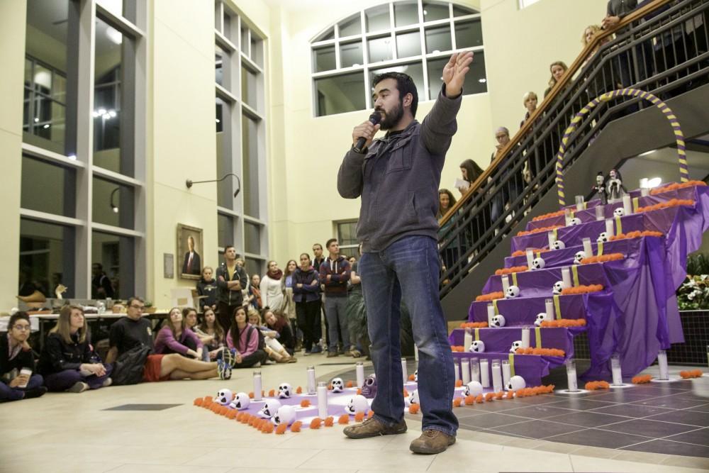 GVL / Sara Carte
Meaxican artist, Roli Mancera, talks about the holiday celebration, Day of the Dead, at the Honors College on Allendale’s Campus on Nov. 2.