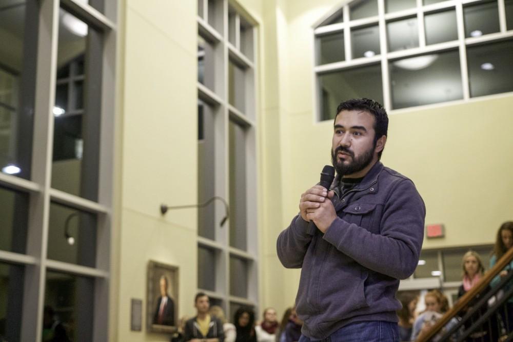 GVL / Sara Carte
Meaxican artist, Roli Mancera, talks about the holiday celebration of Day of the Dead, at the Honors College on Allendale’s Campus on Nov. 2.