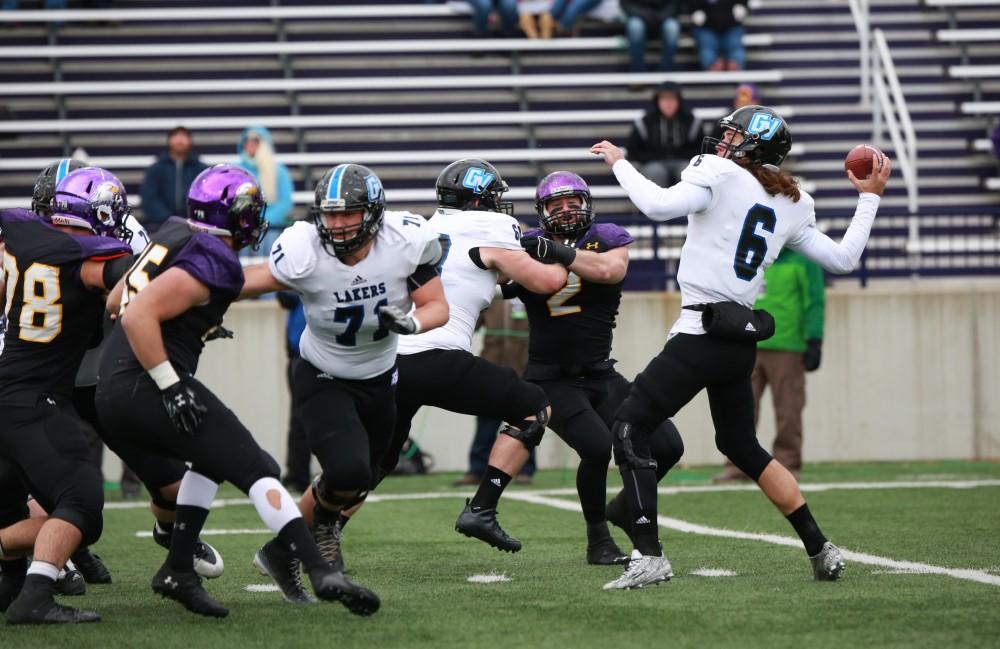 GVL / Kevin Sielaff - Bart Williams (6) prepares to thorw a pass down field.  Grand Valley defeats Ashland with a final score of 45-28 Nov. 22 at Ashland University.