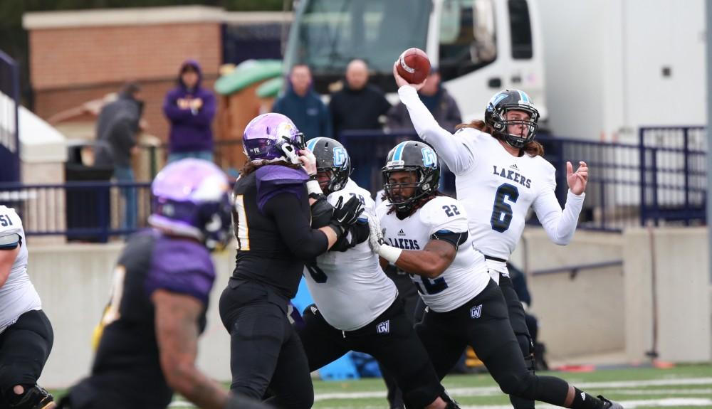 GVL / Kevin Sielaff - Bart Williams (6) prepares a pass down field.  Grand Valley defeats Ashland with a final score of 45-28 Nov. 22 at Ashland University.