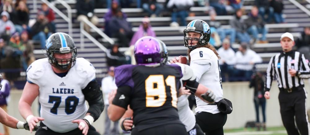 GVL / Kevin Sielaff - Bart Williams (6) lines up a receiver.  Grand Valley defeats Ashland with a final score of 45-28 Nov. 22 at Ashland University.