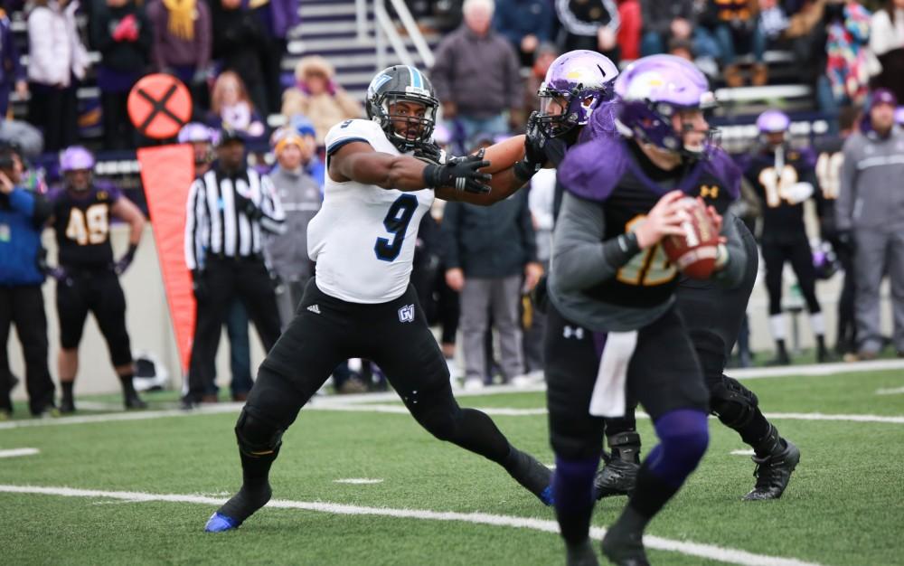 GVL / Kevin Sielaff - Matt Judon (9) aims to sack Ashland's quarterback.  Grand Valley defeats Ashland with a final score of 45-28 Nov. 22 at Ashland University.