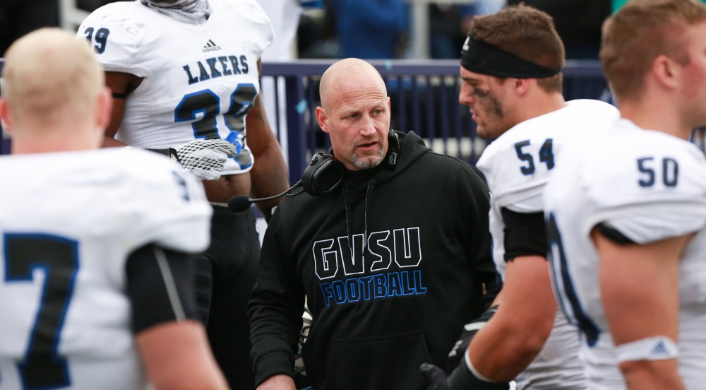 GVL / Kevin Sielaff - Co-defensive coordinator Jim Louis speaks to his men on the sideline.  Grand Valley defeats Ashland with a final score of 45-28 Nov. 22 at Ashland University.