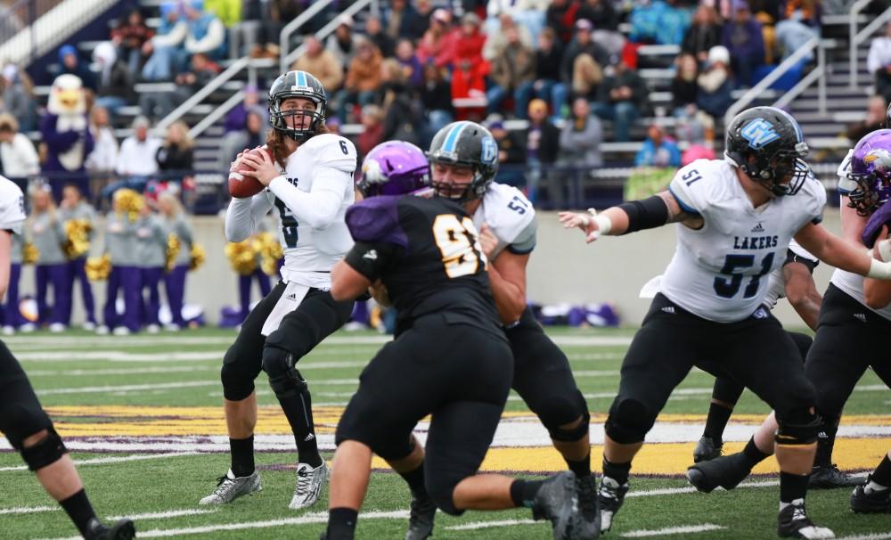 GVL / Kevin Sielaff - Bart Williams (6) lines up a throw to the end zone.  Grand Valley defeats Ashland with a final score of 45-28 Nov. 22 at Ashland University.