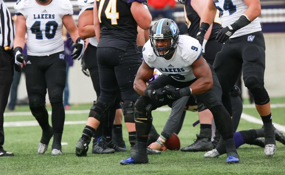 GVL / Kevin Sielaff - Matt Judon (9) celebrates a career high season, having broken Grand Valley's all-time record for sacks.  Grand Valley defeats Ashland with a final score of 45-28 Nov. 22 at Ashland University.